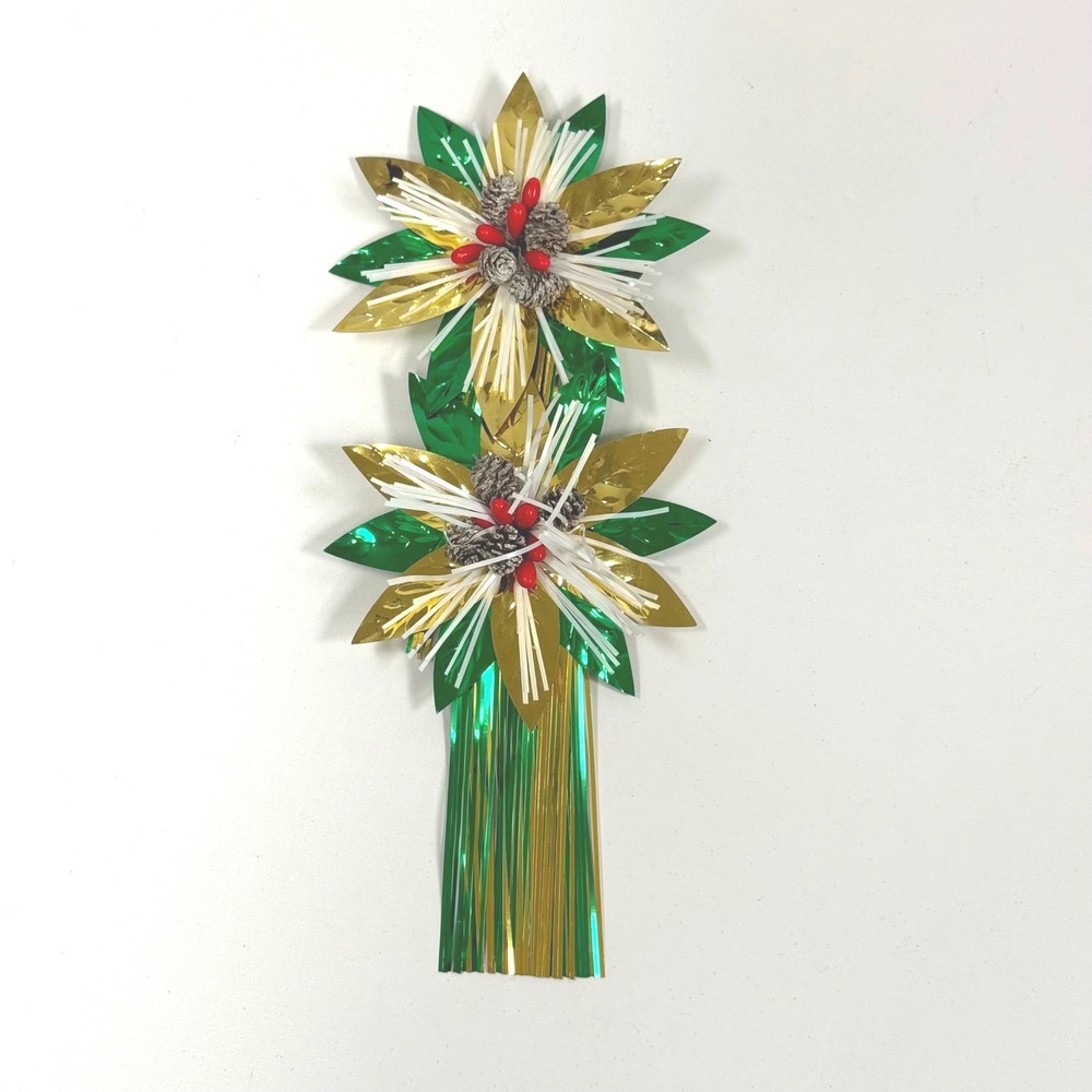 Vintage Foil Poinsettia Christmas Clip Green Gold Tinsel Pinecone 9 Inch